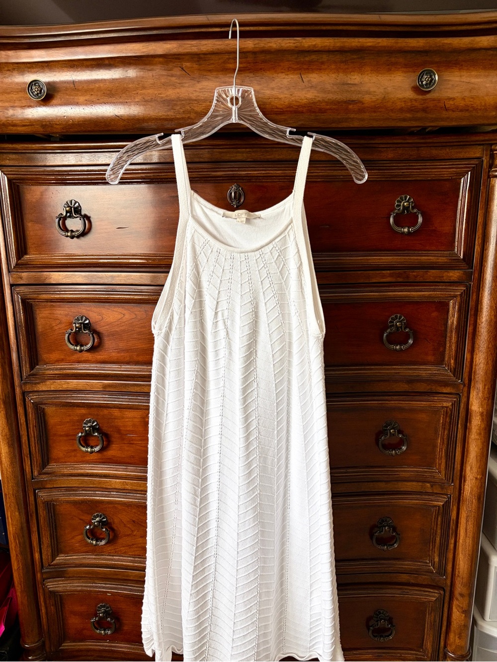 LOFT White Knit Sleeveless dress with Textured Chevron Pattern